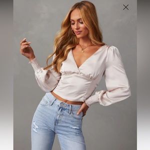 Idalia Satin V-Neck Long Sleeve Top NWT size M